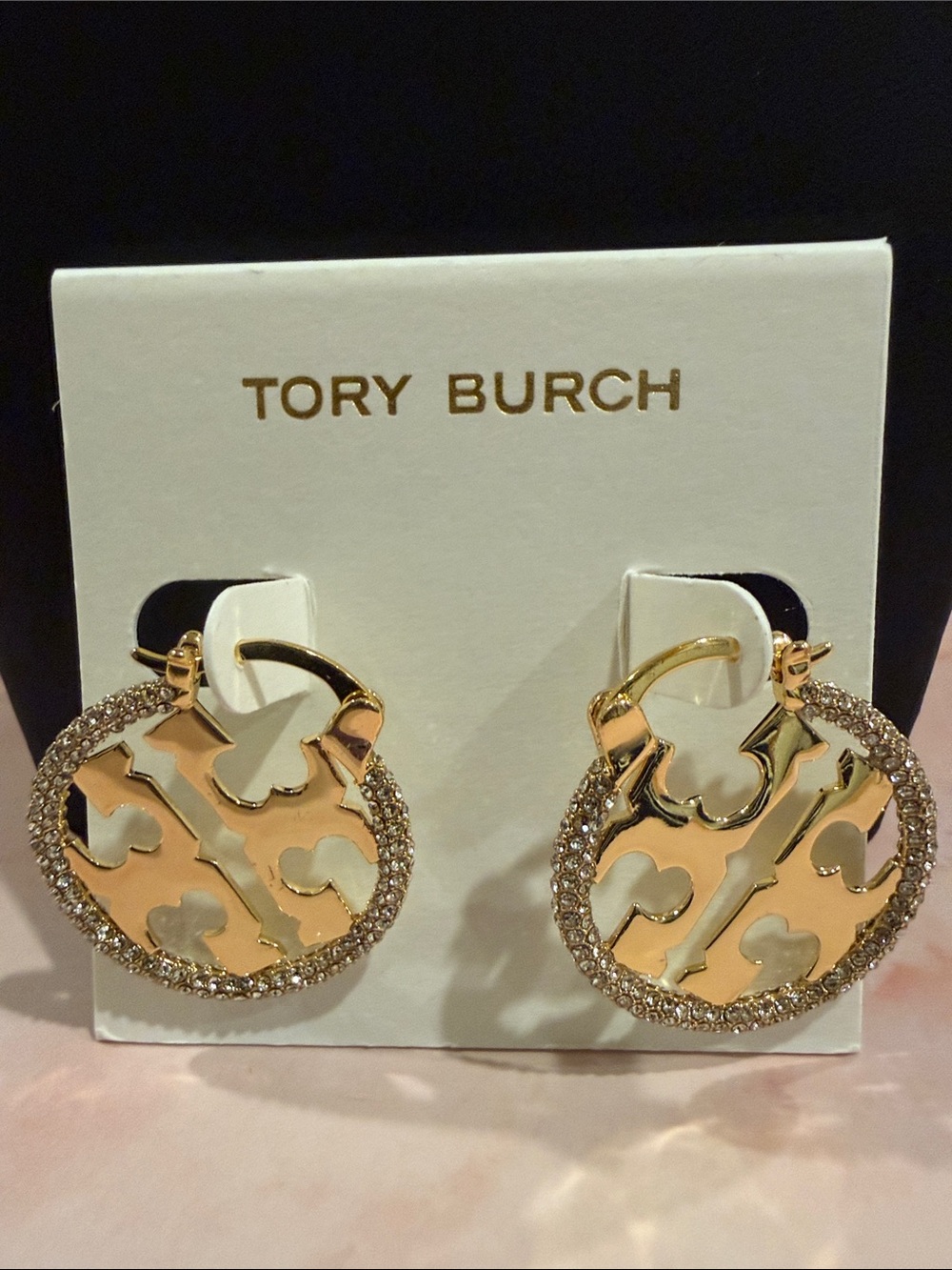 Tory Burch | Gold Plated Logo Crystal-Trim Hoop Earrings